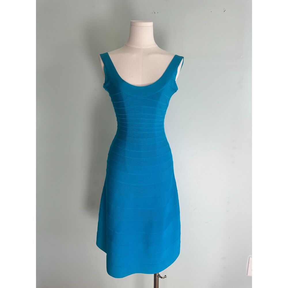 Authentic Herve Leger Turquoise Sleeveless Bandage Flare Mayra Eva Dress XXS